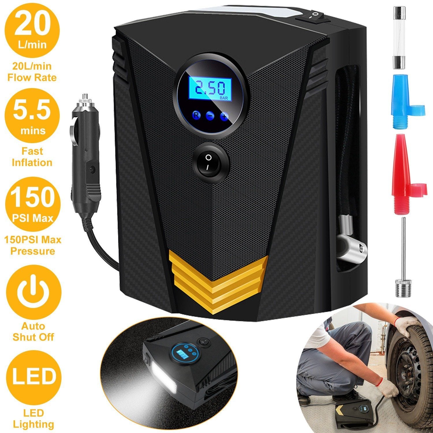 12V DC 100W 150PSI Digital Tire Inflator Automotive - DailySale