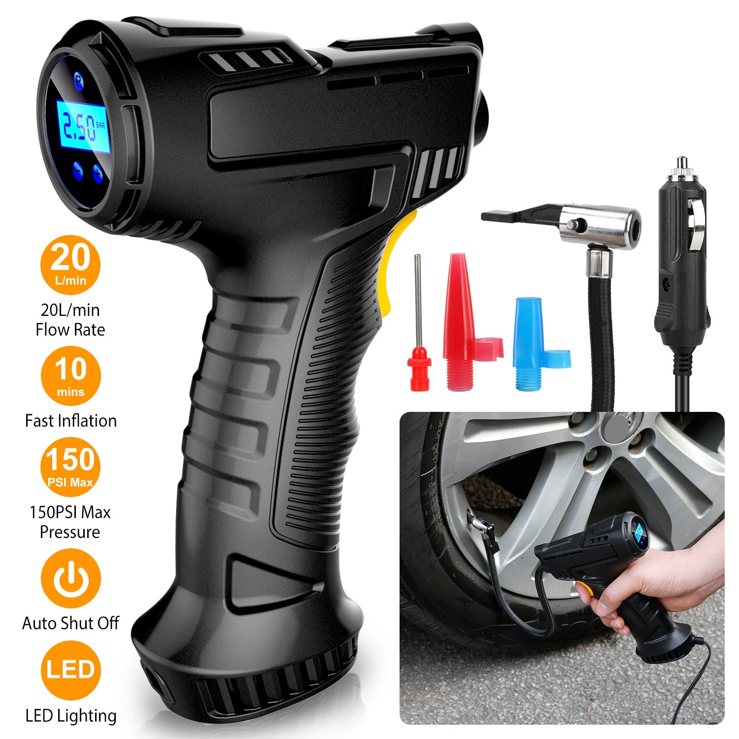 12V Digital Car Tire Inflator with LED Light 150 PSI Automotive - DailySale