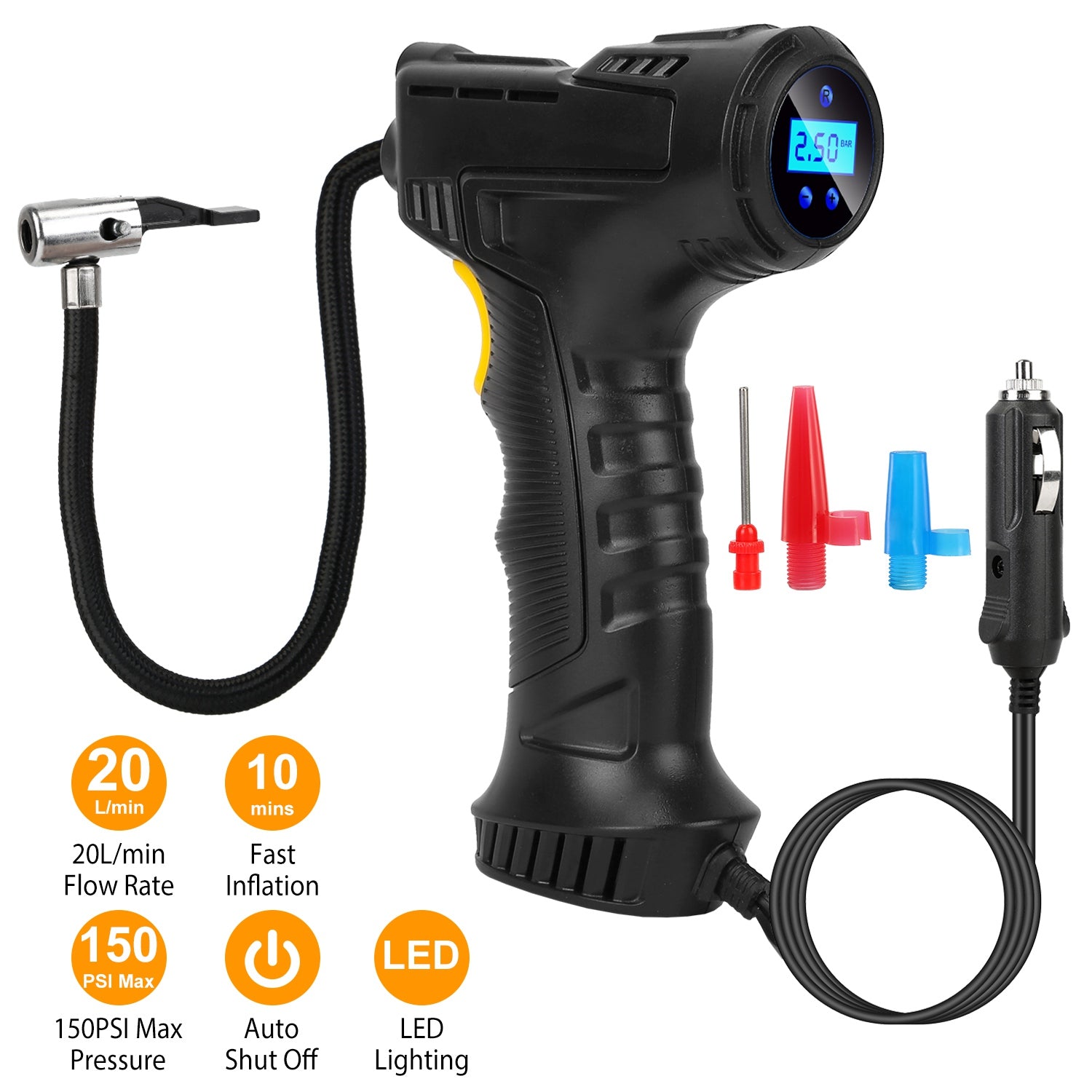 12V Digital Car Tire Inflator with LED Light 150 PSI Automotive - DailySale