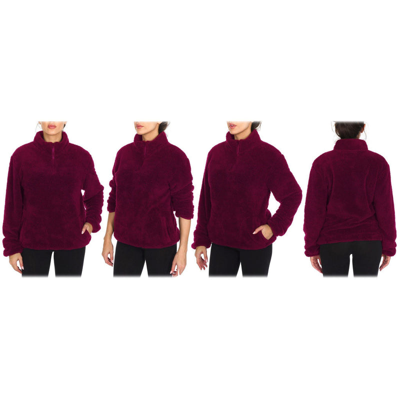 1/4 Zip Collared Sherpa In and Out Lined Pull Over with 2 Pockets Women's Clothing Burgundy S - DailySale