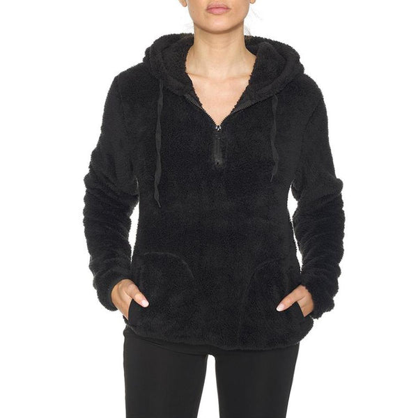 1/4 Zip Hooded Sherpa In and Out Lined Pull Over with 2 Pockets Women's Clothing Black S - DailySale