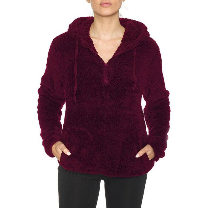 1/4 Zip Hooded Sherpa In and Out Lined Pull Over with 2 Pockets Women's Clothing Burgundy S - DailySale