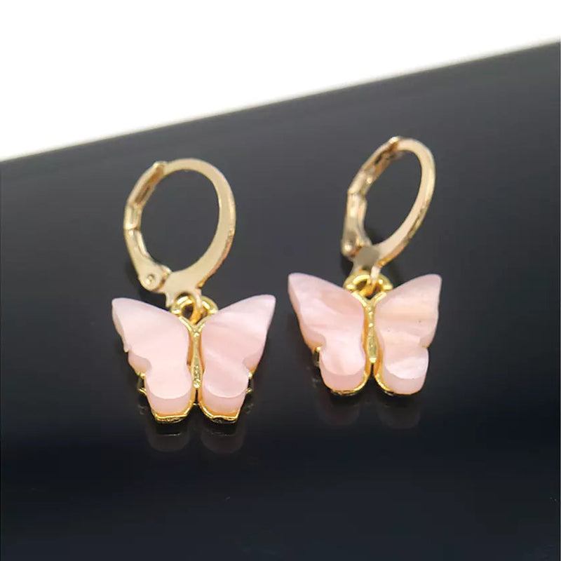 14K Gold and Lab Created Opal Butterfly Drop Earring Earrings Pink - DailySale