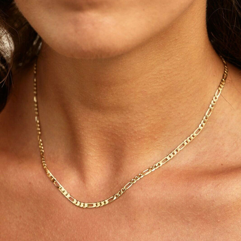 14K Solid Gold Figaro Chain Necklace 3mm Necklaces 7" - DailySale