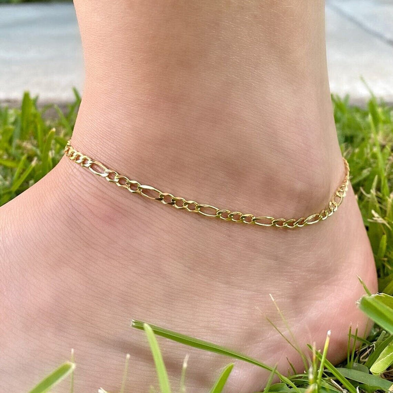 14K Yellow Gold 2.5mm Figaro Link Chain Anklet - 10" inch Bracelets - DailySale