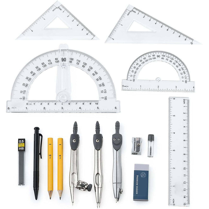 15-Piece: Ruler Supplies Math Drawing Set with Protractor and Compass Everything Else - DailySale