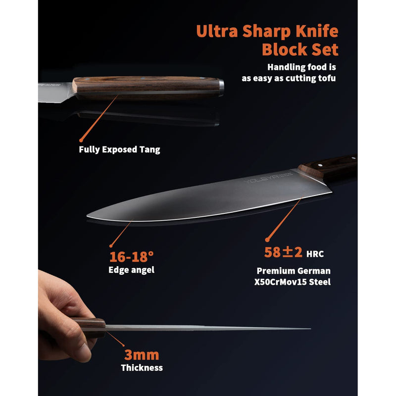 15-Pieces Set : YOLEYA Kitchen Knife Set with Block Wooden Triple Rivets Kitchen Tools & Gadgets - DailySale