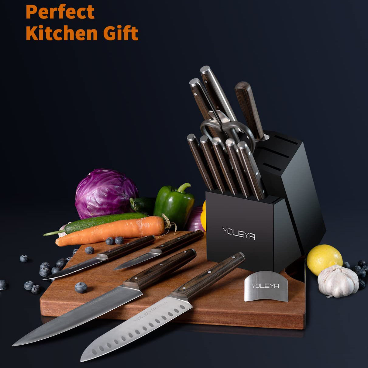 15-Pieces Set : YOLEYA Kitchen Knife Set with Block Wooden Triple Rivets Kitchen Tools & Gadgets - DailySale