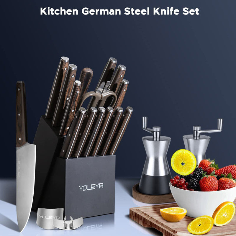 YOLEYA 15 Piece Kitchen Steel Knife Set with Block and Non Stick