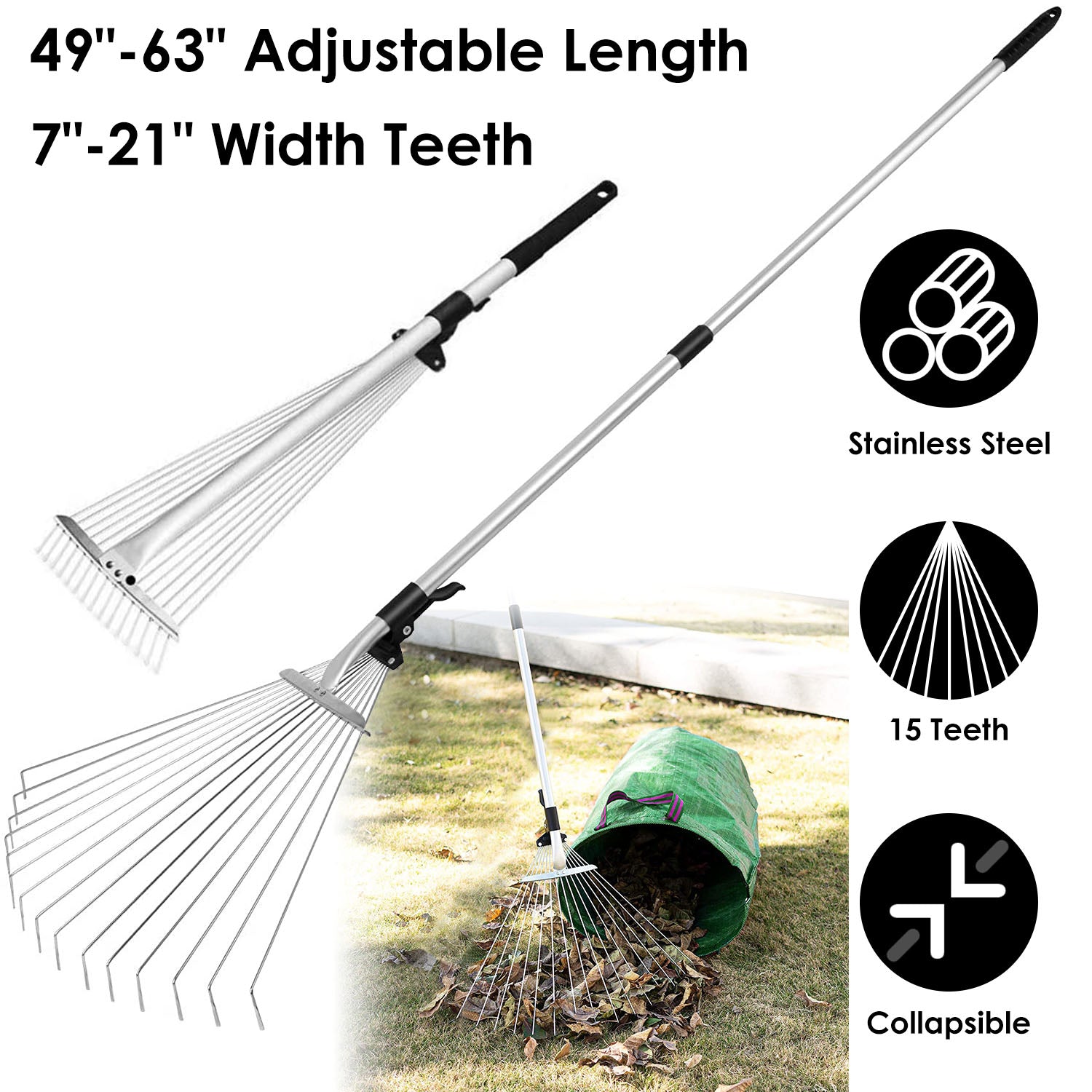 15-Teeth Expanding Stainless Steel Rake Garden & Patio - DailySale