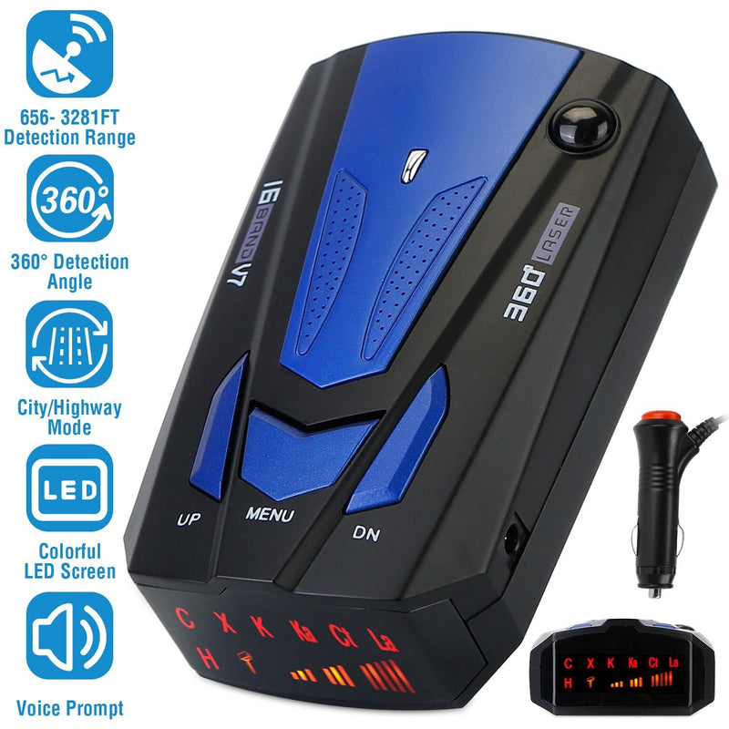 Angle view of 16 Band V7 Speed Safety Voice Alert Car Radar Detector next to a list of key features