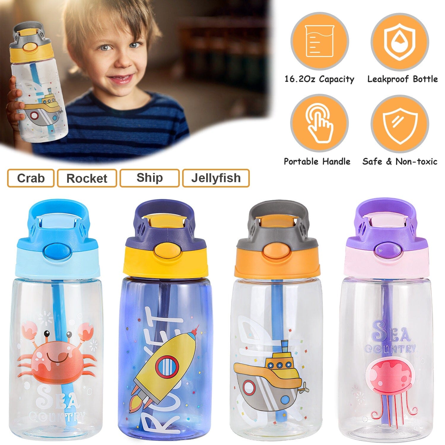 16.2oz Leak-proof Kids Water Bottle with Straw Push Button Sports & Outdoors - DailySale