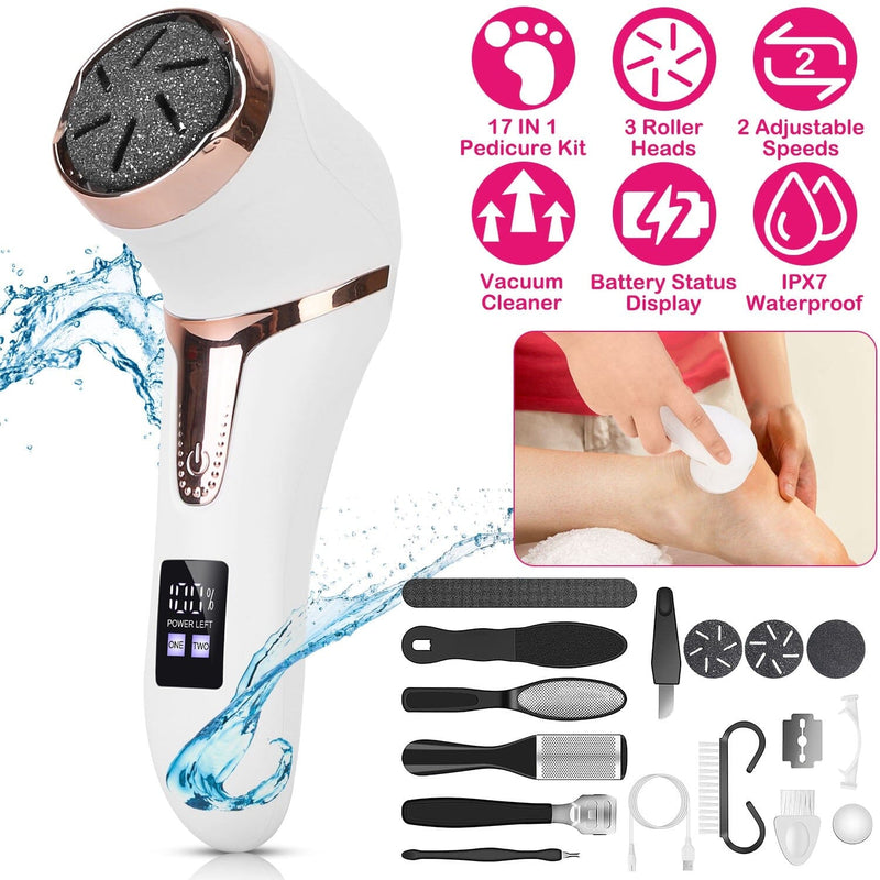 Electric Callus Remover for Feet,12 in 1 Pedicure Tools Kit Foot Scrubber to  Remove Dead Skin and Cracked Heels,Professional Foot Care Foot Files with 3  Roller Heads, 2 Speed, Battery Display,White 