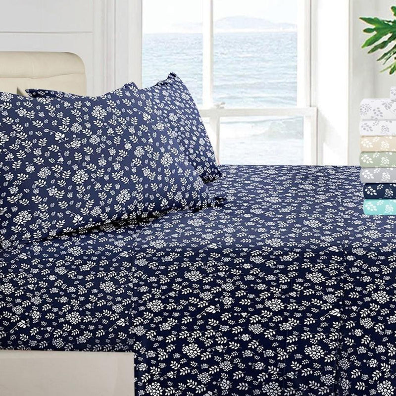 1800 Series Egyptian Floral Bed Sheet Set Linen & Bedding Twin Navy - DailySale