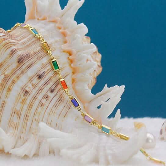 18k Gold Filled High Polish Finish Gold And Multi Color Dark Crystal Baguette Anklet Bracelets - DailySale