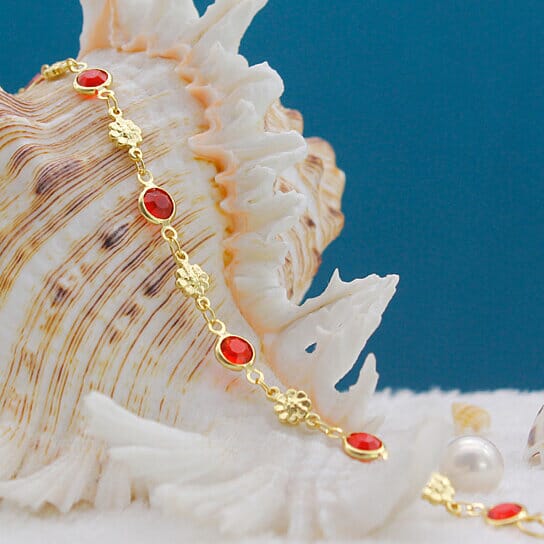 18k Gold Filled High Polish Finish Red Crystal Flower Ankle Bracelet Bracelets - DailySale