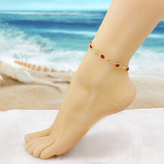 18k Gold Filled High Polish Finish Red Crystal Flower Ankle Bracelet Bracelets - DailySale