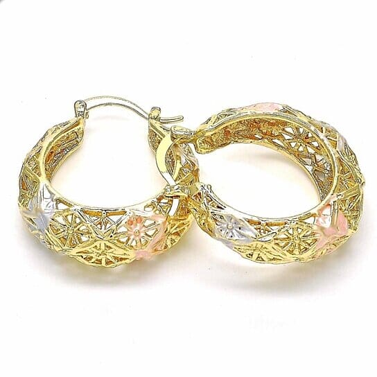 18k Gold Filled High Polish Finsh Diamond Cut Fancy Filigree Hoop Earrings Textured Tri-gold Hoop Earrings 40mm Earrings - DailySale