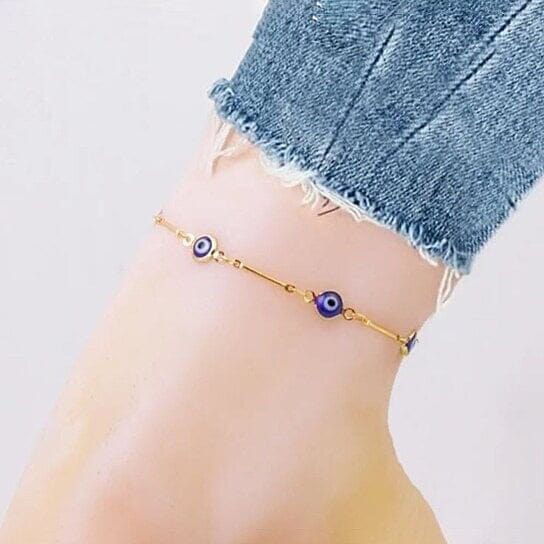 18k Gold Plated Bar Style Blue Evil Eye Crystal Anklet Bracelets - DailySale