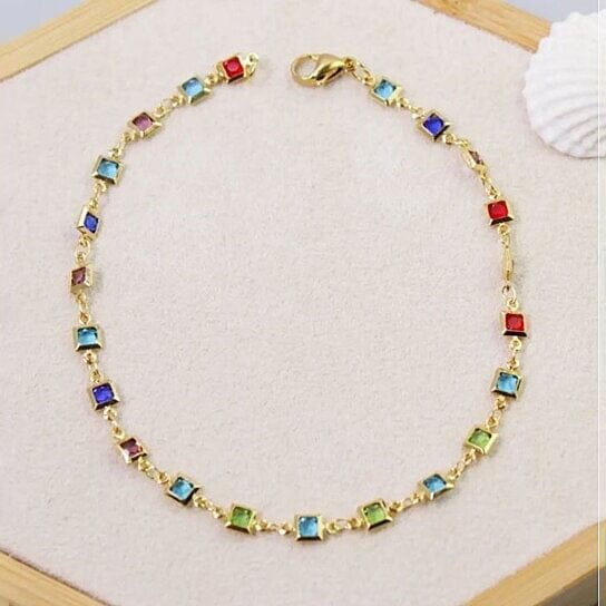 18K Gold Plated Light Multi Color Crystal Square Ankle Bracelet Bracelets - DailySale