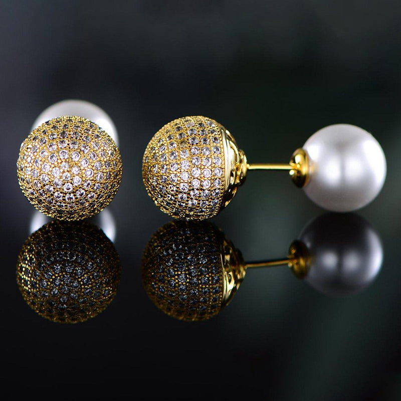 18K Gold Plated Pearl and Swarovski Crystal Ball Front-Back Earrings Jewelry - DailySale