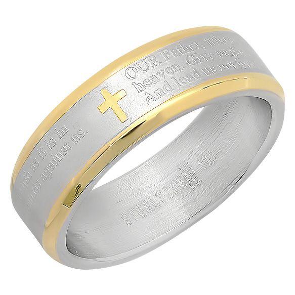18K Gold-Plated Stainless Steel Unisex Two-Tone The Lord's Prayer Cross Band Rings 6 - DailySale
