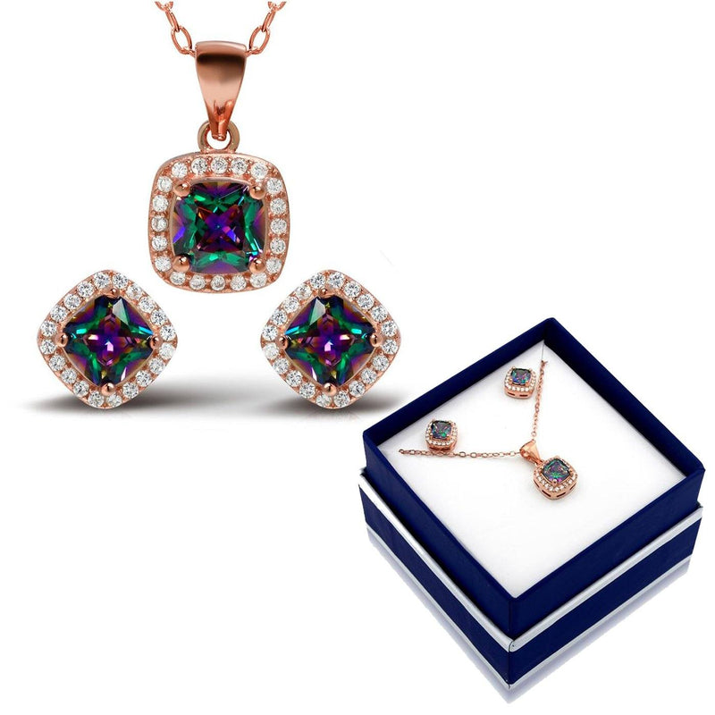 18K Rose Gold Over Sterling Silver Rainbow Topaz Halo Necklace and Earrings Necklaces - DailySale