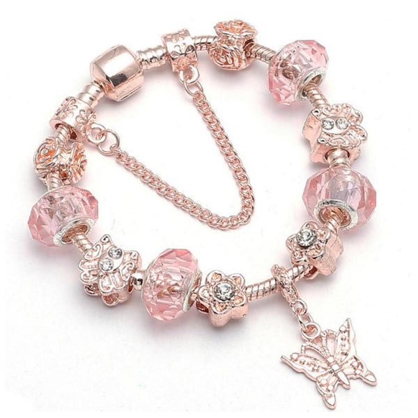 18K Rose Gold Plated Pink Crystal Butterfly Charm Bracelet Made With Swarovski Elements Jewelry - DailySale
