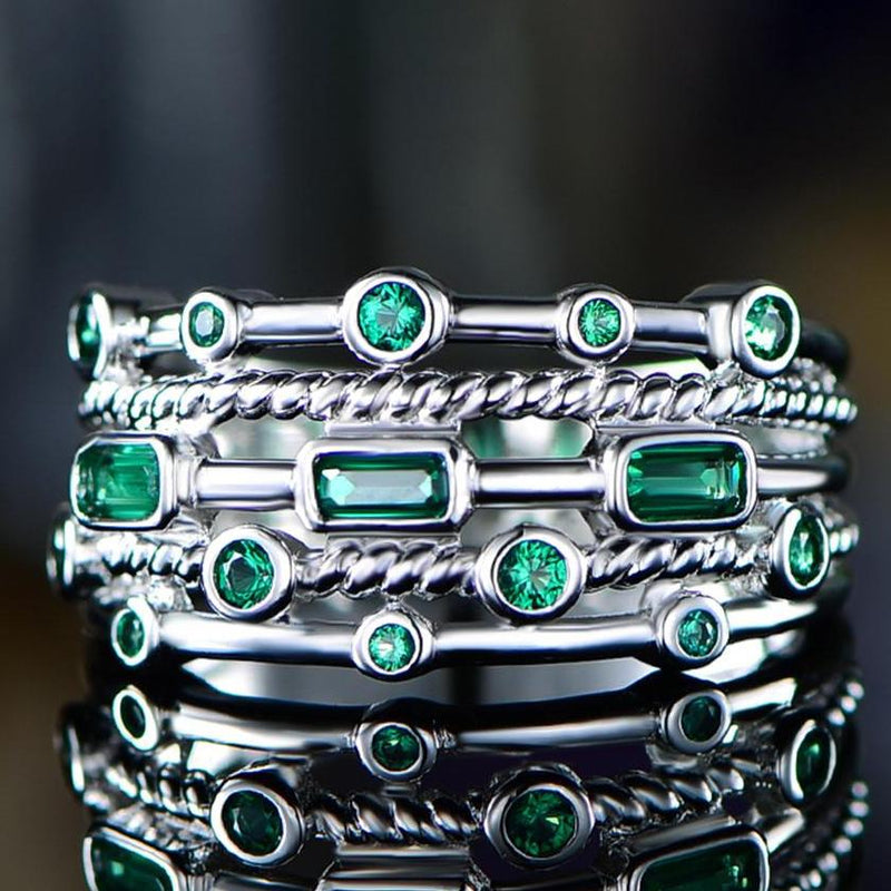 18K White Gold Plated 5 Layer Green Emerald Ring Jewelry - DailySale