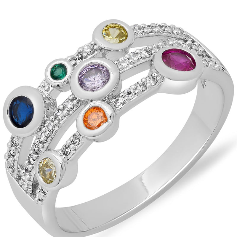 18K White Gold Plated Brass Multi Row Simulated Multi Colored Diamond Ring Rings - DailySale