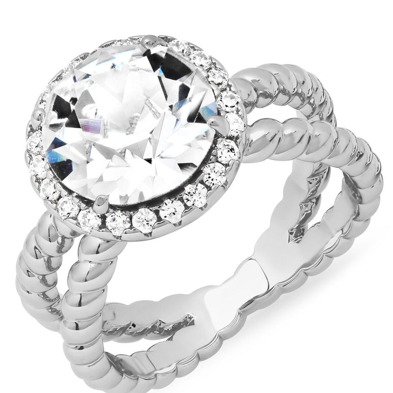 18K White Gold Plated Brass Split Shank Rope Engagement Ring Adorned with Swarovski Crystals