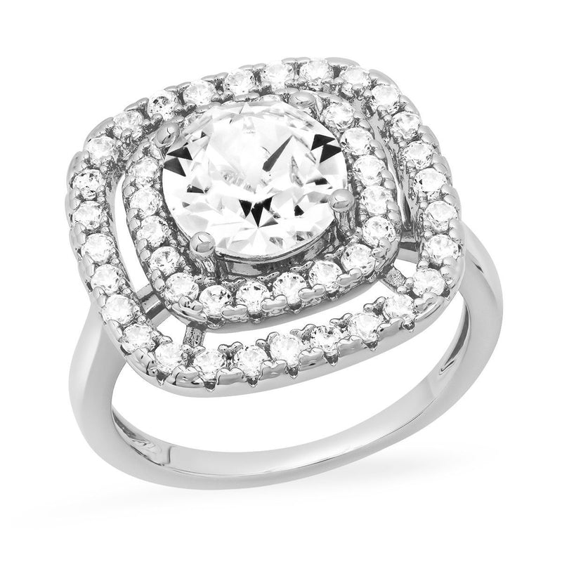 18K White Gold Plated Brass Square Engagement Ring Adorned with Swarovski Crystals
