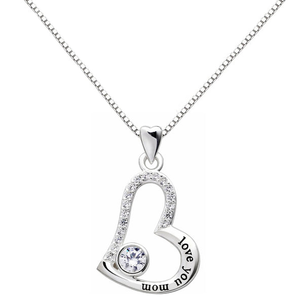 18K White Gold Plated "I Love you MOM" Heart Necklace Embellished with Crystals Necklaces - DailySale