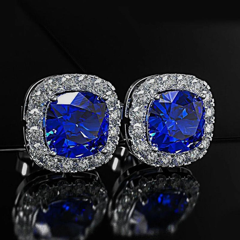 18K White Gold Plated Princess Halo Cut Stud Earring With Swarovski Crystals Earrings Blue - DailySale