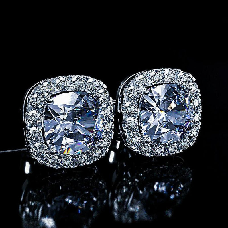 18K White Gold Plated Princess Halo Cut Stud Earring With Swarovski Crystals Earrings Clear - DailySale