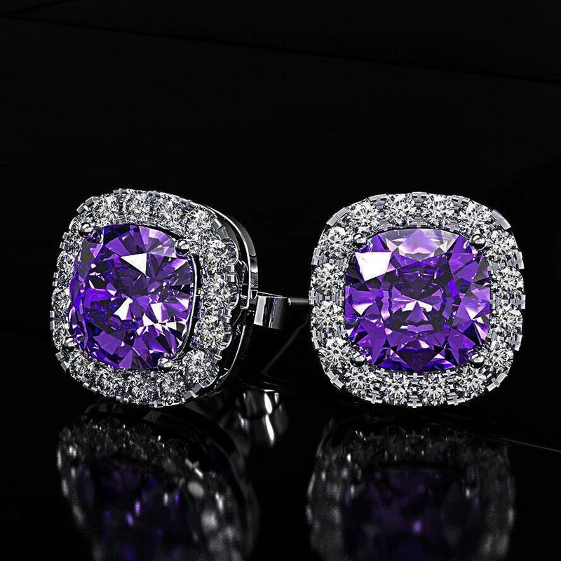 18K White Gold Plated Princess Halo Cut Stud Earring With Swarovski Crystals Earrings Purple - DailySale