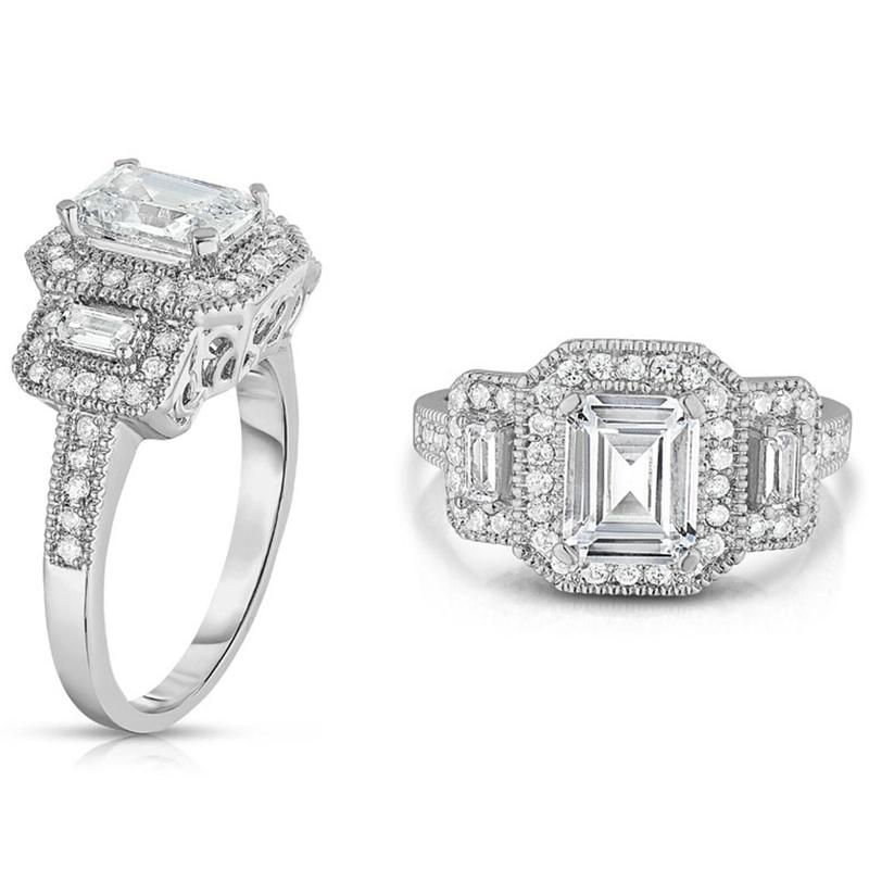 18k White Gold Tri Stone Emerald Cut Cubic Zirconia Ring Jewelry - DailySale