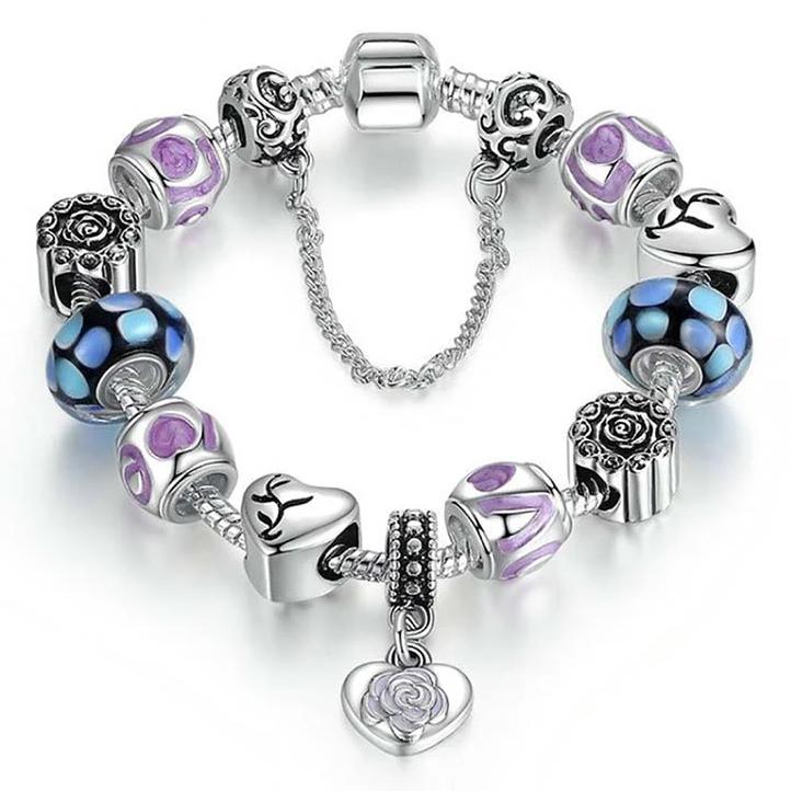 18kt White Gold Plated Murano Glass And Heart Charm Bracelet Jewelry - DailySale