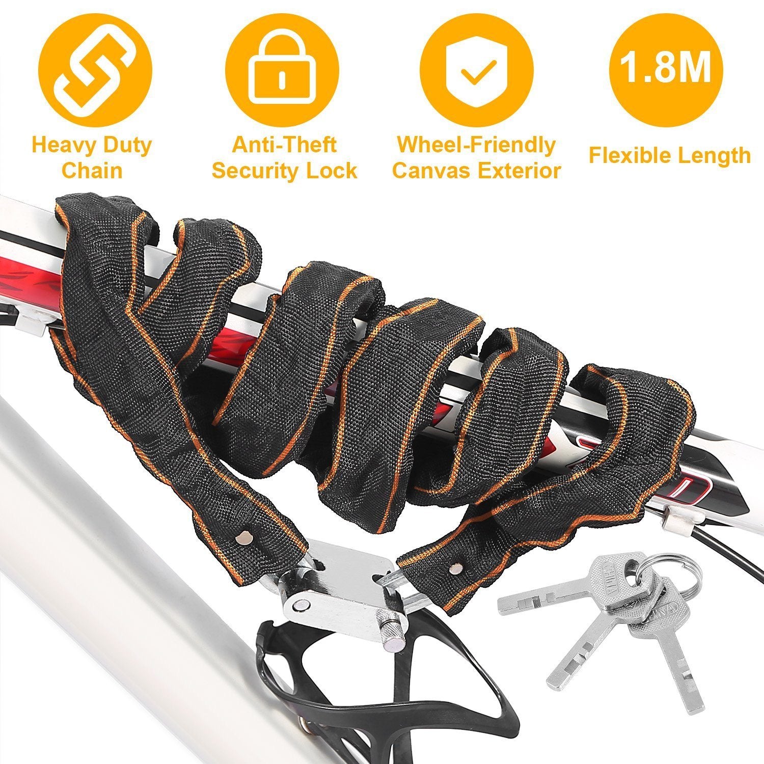 1.8m Bike Chain Lock with 3 Keys Heavy Duty Security Lock Sports & Outdoors - DailySale