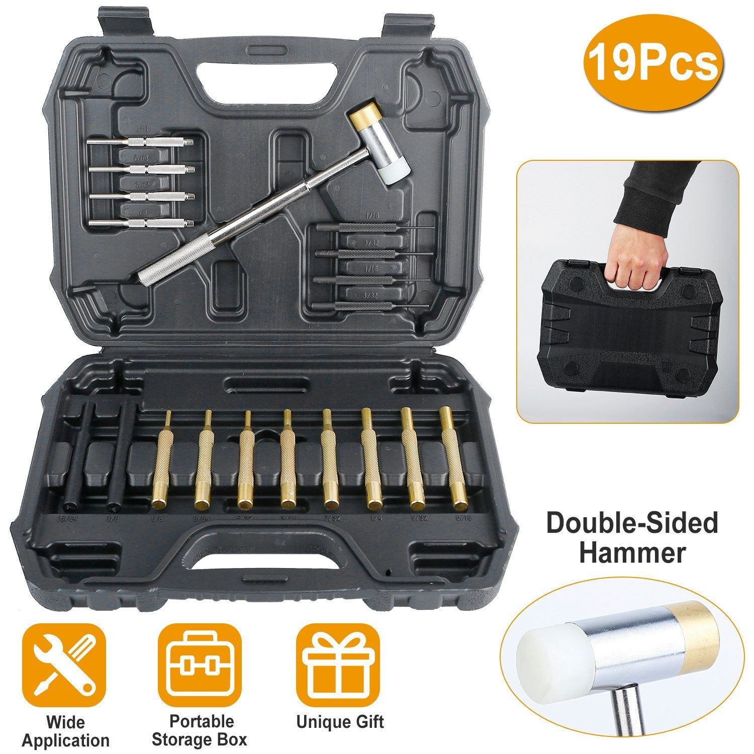 19-Piece: Hammer Punch Set Drift Pin Punch Kit with Portable Storage B