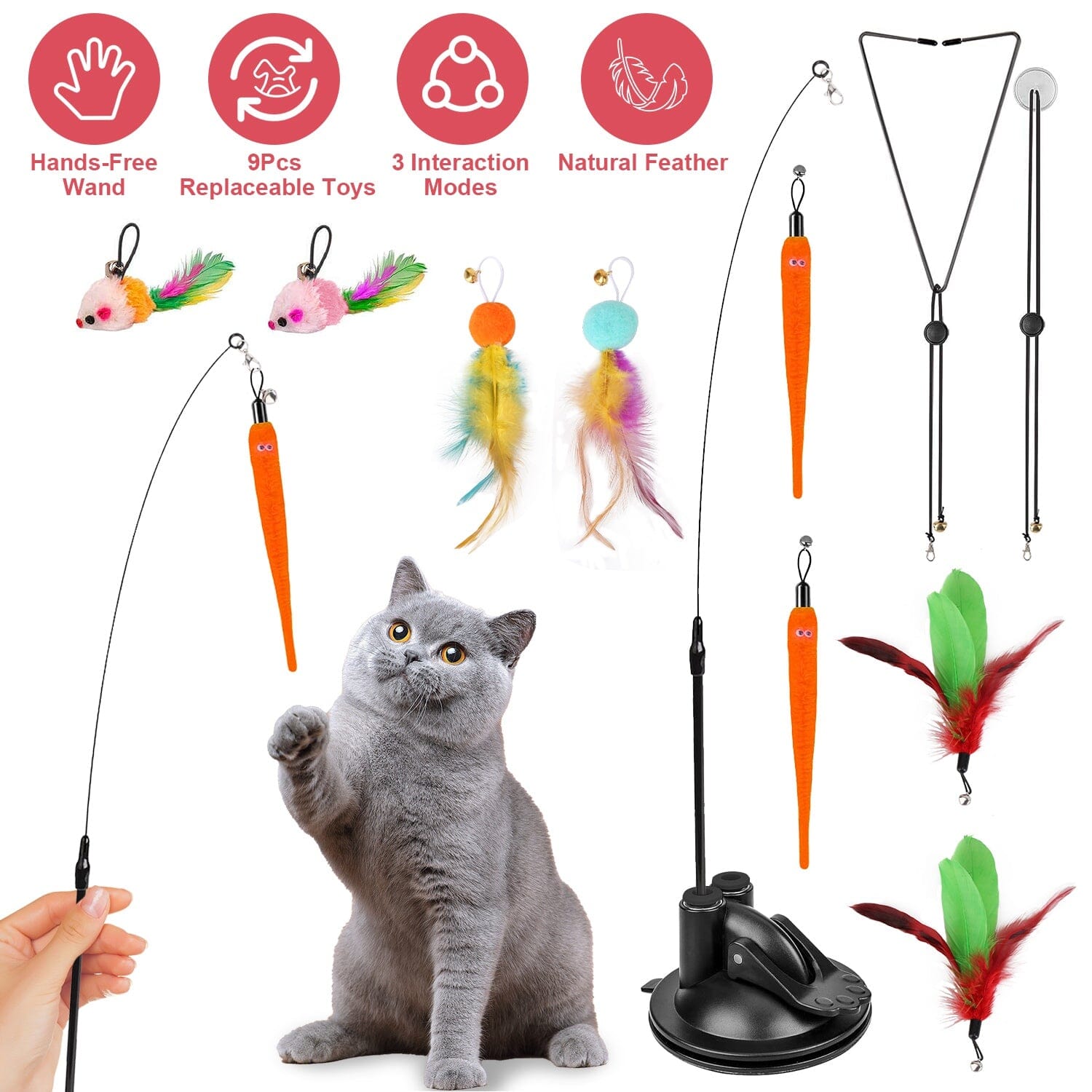 2 Cat Wand Toys with Suction Cup Double Head Interactive Cat Feather Toy Pet Supplies - DailySale