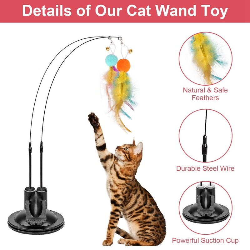 2 Cat Wand Toys with Suction Cup Double Head Interactive Cat Feather Toy Pet Supplies - DailySale