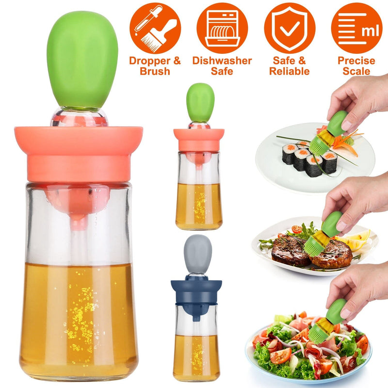 Glass Olive Oil Dispenser with Brush 2 in 1, Silicone Dropper