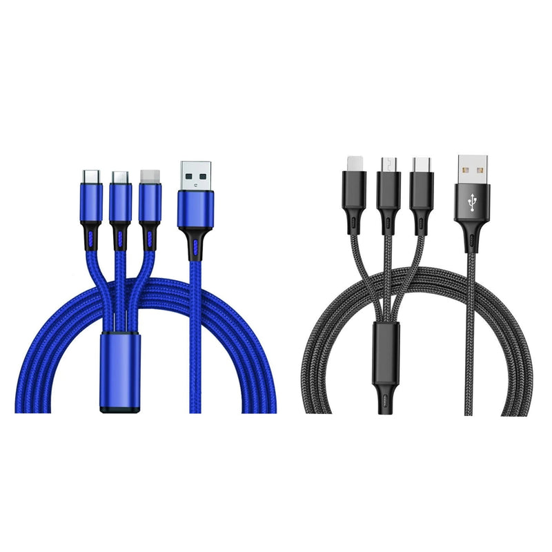 2-Pack: 3-in-1 Nylon Braided 4FT 3A Charging Cable Mobile Accessories Black/Blue - DailySale