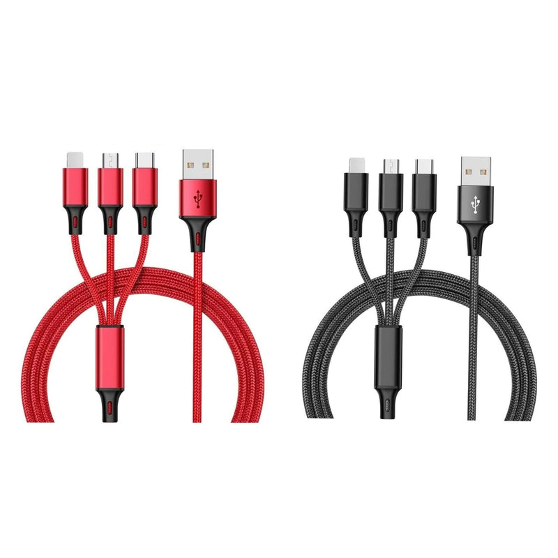 2-Pack: 3-in-1 Nylon Braided 4FT 3A Charging Cable Mobile Accessories Black/Red - DailySale
