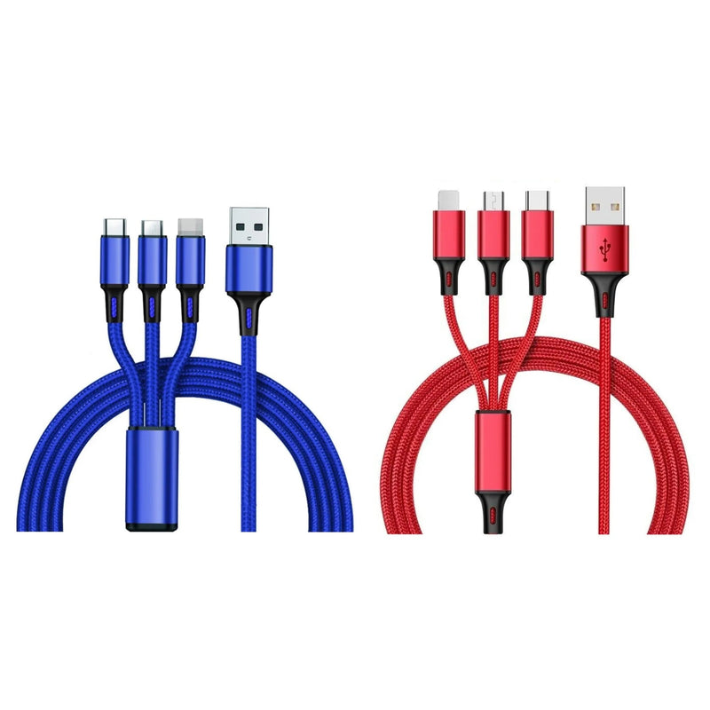 2-Pack: 3-in-1 Nylon Braided 4FT 3A Charging Cable Mobile Accessories Blue/Red - DailySale