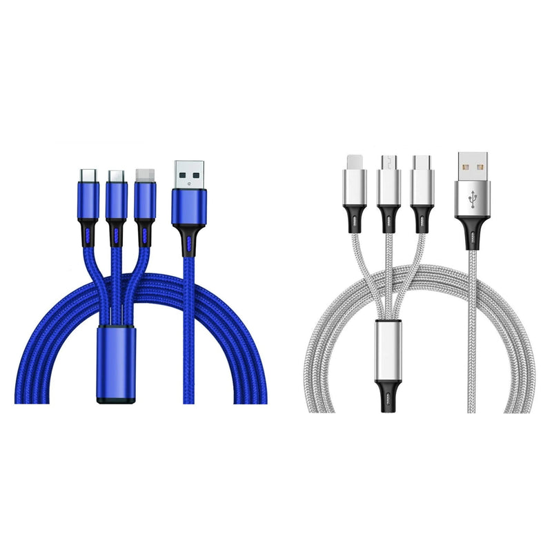 2-Pack: 3-in-1 Nylon Braided 4FT 3A Charging Cable Mobile Accessories Blue/Silver - DailySale