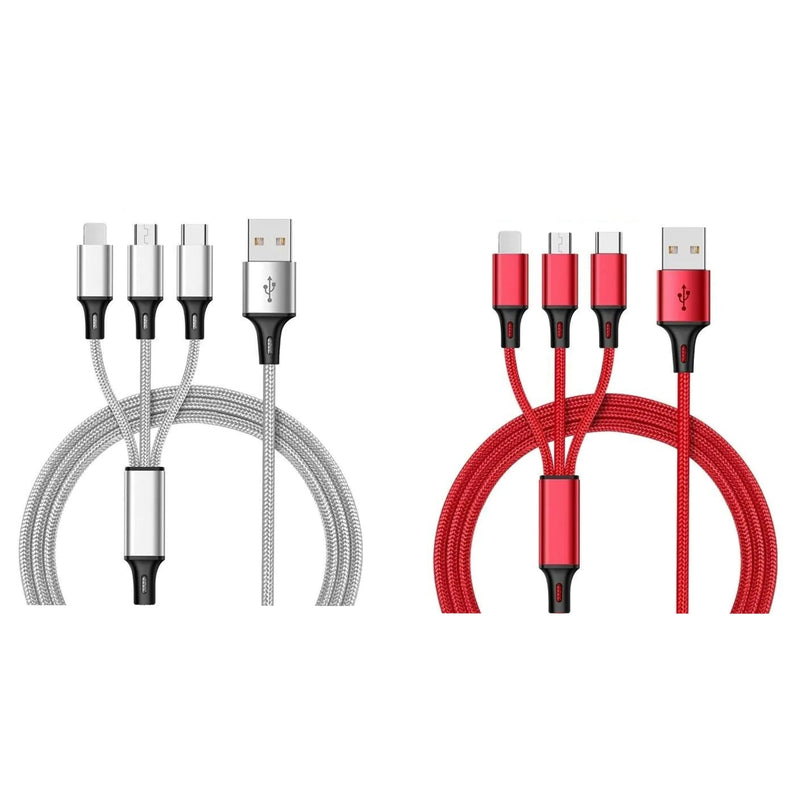 2-Pack: 3-in-1 Nylon Braided 4FT 3A Charging Cable Mobile Accessories Silver/Red - DailySale