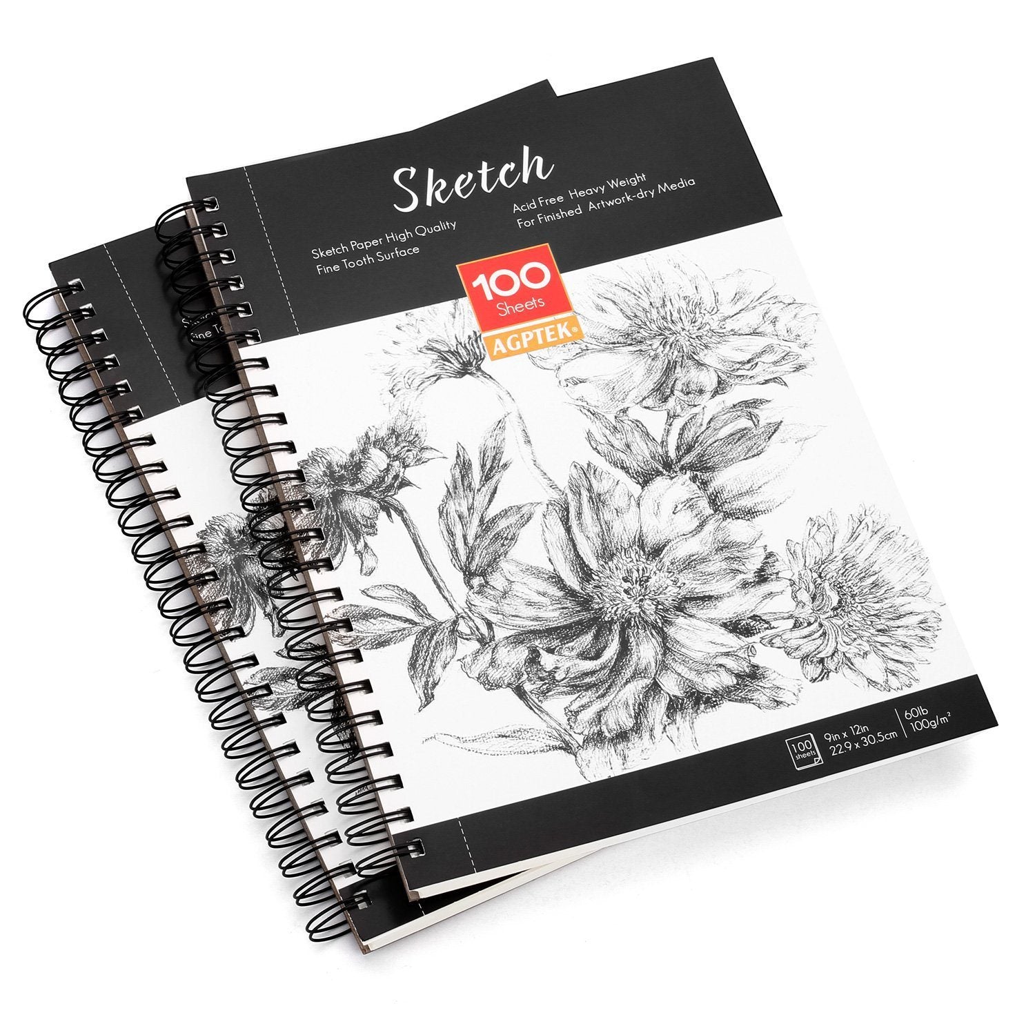 AGPTEK Sketch Book 9X12 ，Sketch Pad 100 Sheets，2 Pack，60lb