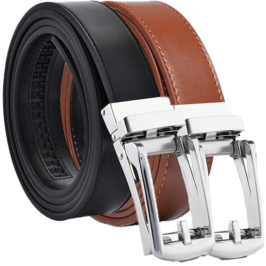 2-Pack: Carlo Fellini Mens Genuine Leather Ratchet Dress Belt with Slide Buckle Men's Shoes & Accessories Black Silver/Brown Silver - DailySale